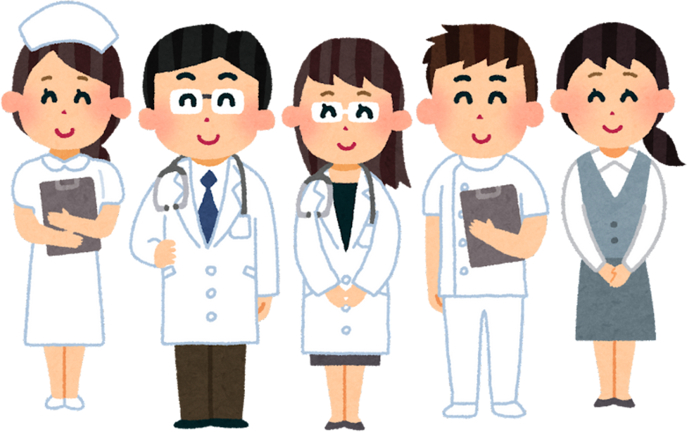 Illustration of Smiling Medical Staff including Doctors and a Nurse with Administrative Worker